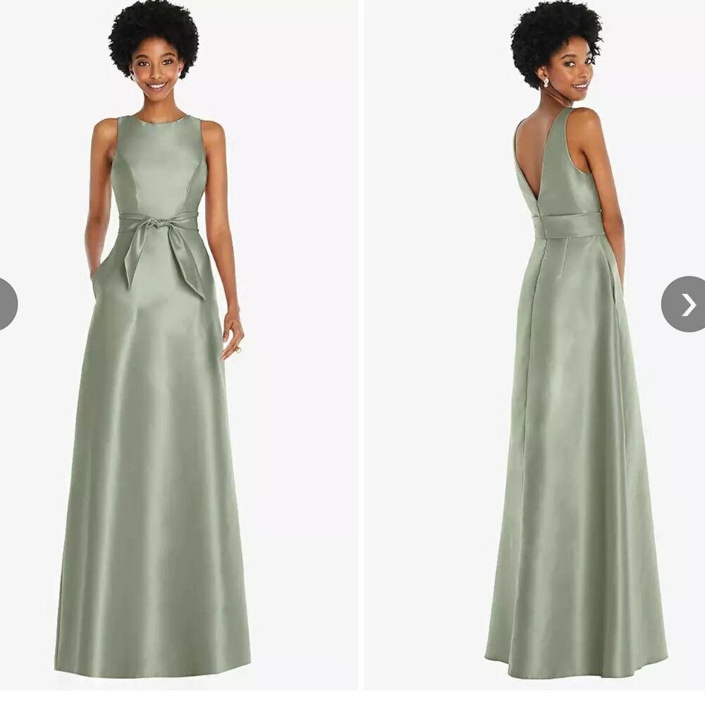 Jewel-Neck V-Back Maxi Dress with Mini Sash in Sage